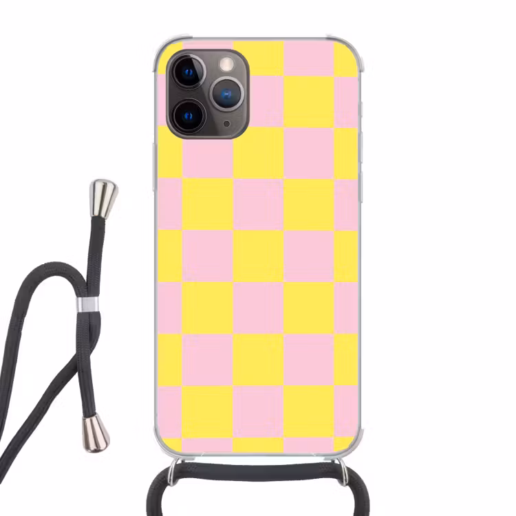 Schaakbord patroon - Geel - Roze - Blokjes Hoesje iPhone 12 Pro met koord klein -3d
