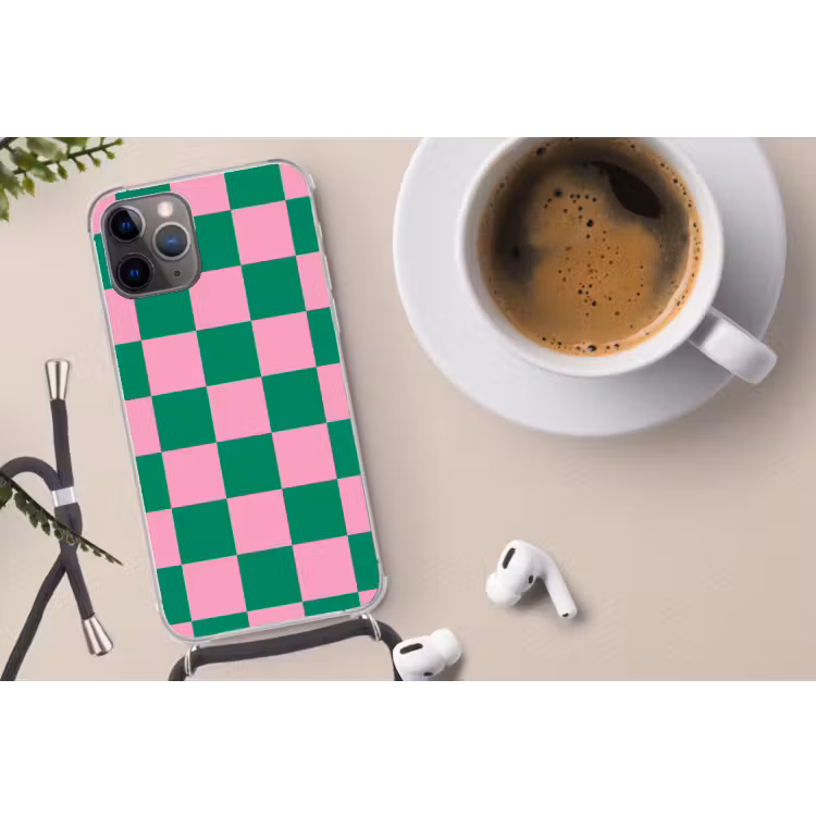 Schaakbord patroon - Groen - Roze - Blokjes Hoesje iPhone 12 Pro met koord klein -oordop