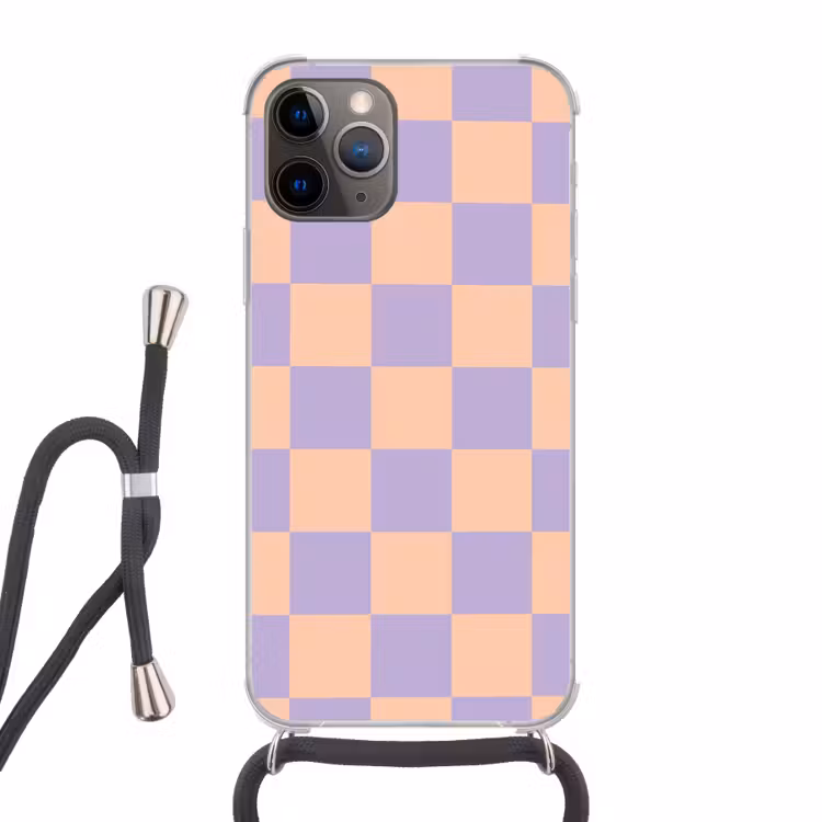 Schaakbord patroon - Paars - Roze - Blokjes Hoesje iPhone 12 Pro met koord klein -3d
