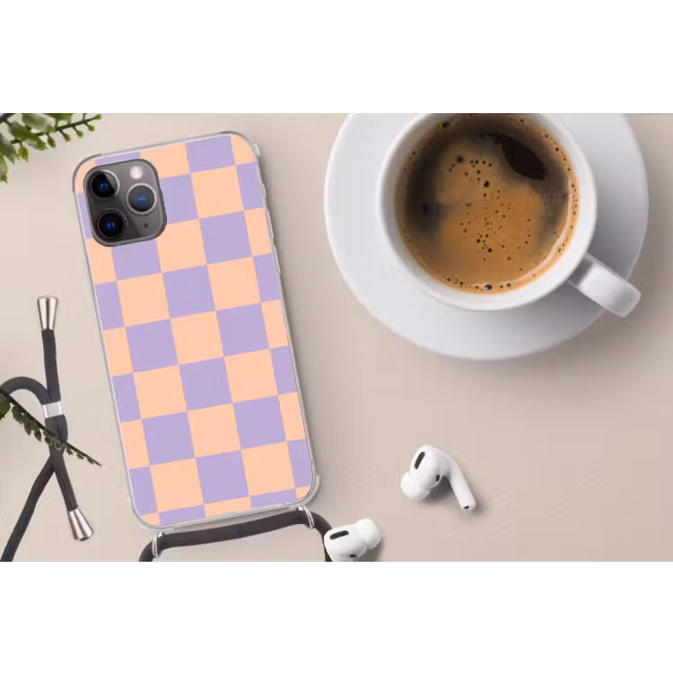 Schaakbord patroon - Paars - Roze - Blokjes Hoesje iPhone 12 Pro met koord klein -oordop