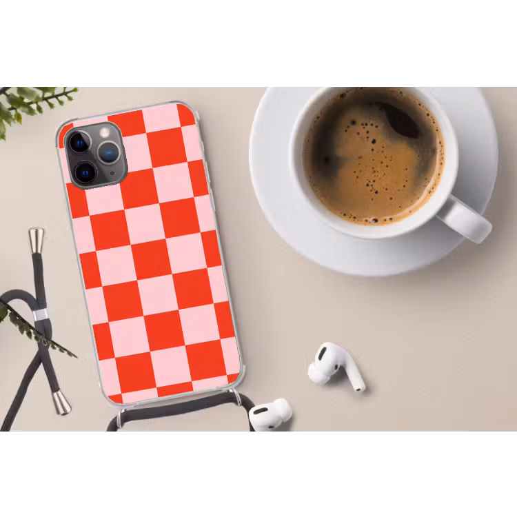 Schaakbord patroon - Rood - Roze - Blokjes Hoesje iPhone 12 Pro met koord klein -oordop