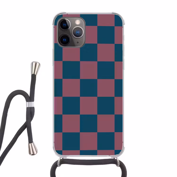 Schaakbord print - Blauw - Rood - Blokjes Hoesje iPhone 12 Pro met koord klein -3d