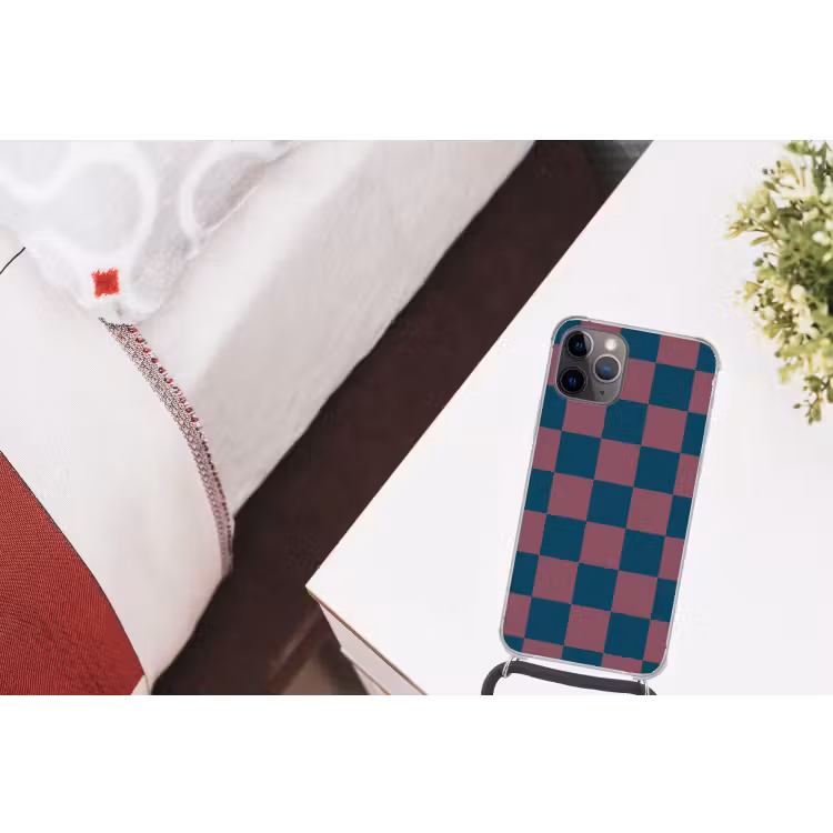 Schaakbord print - Blauw - Rood - Blokjes Hoesje iPhone 12 Pro met koord klein -kamer