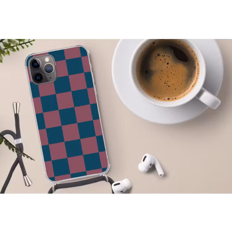 Schaakbord print - Blauw - Rood - Blokjes Hoesje iPhone 12 Pro met koord klein -oordop