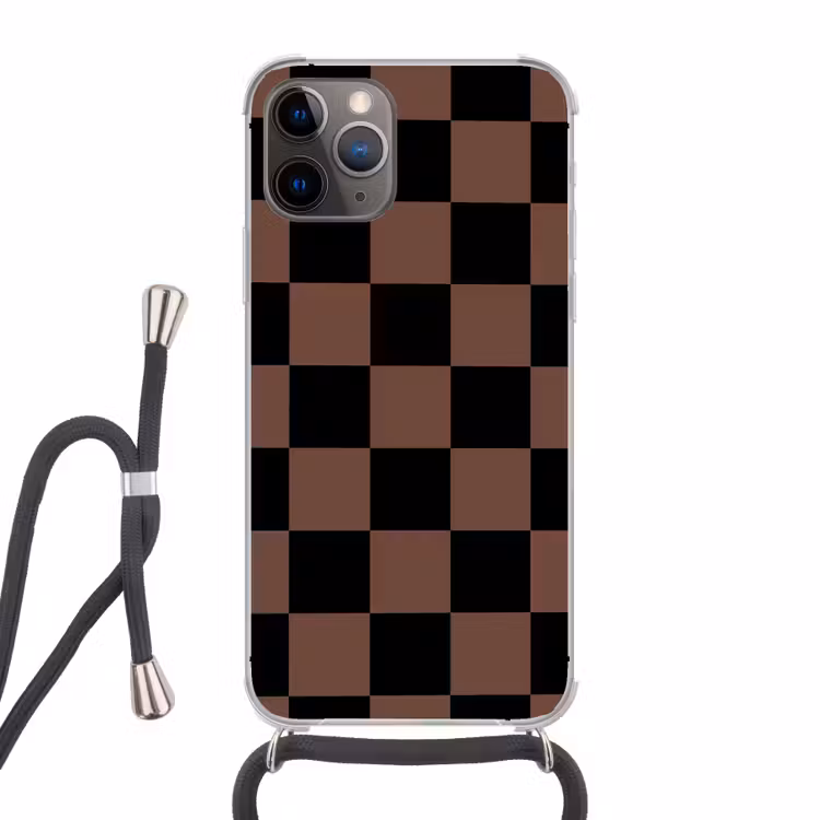 Schaakbord print - Bruin - Zwart - Blokjes Hoesje iPhone 12 Pro met koord klein -3d