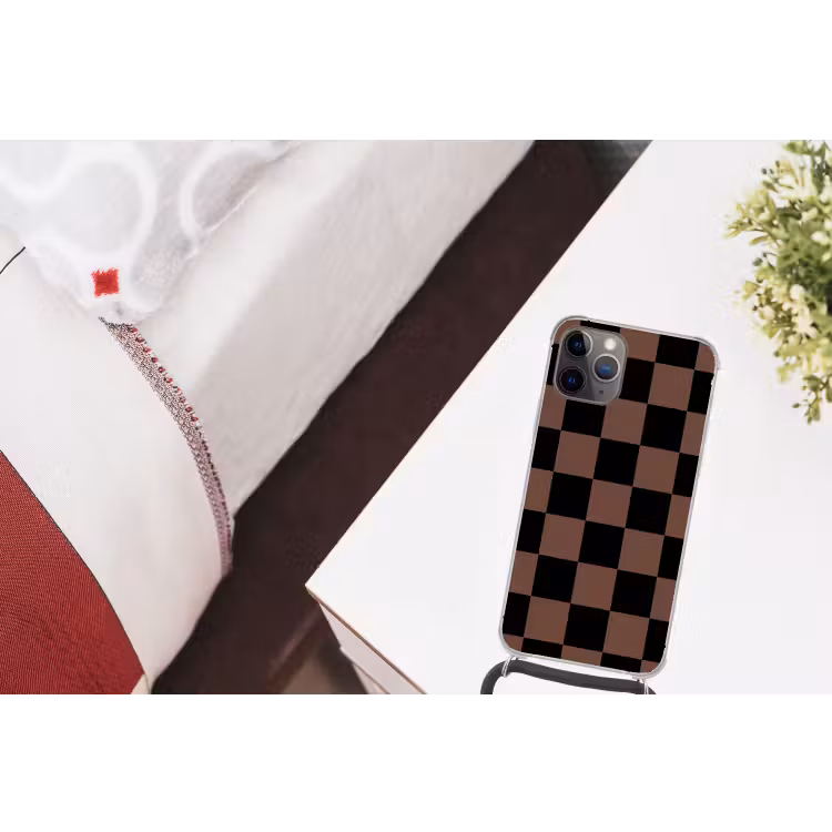 Schaakbord print - Bruin - Zwart - Blokjes Hoesje iPhone 12 Pro met koord klein -kamer