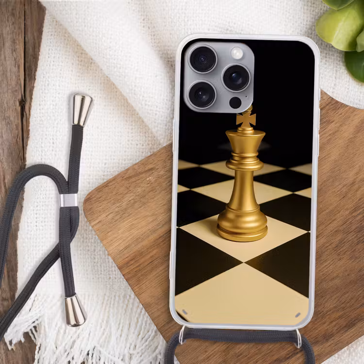 Schaakstuk - Koning - Schaakbord - Geblokt Hoesje iPhone 16 Pro Max met koord klein -sfeer4