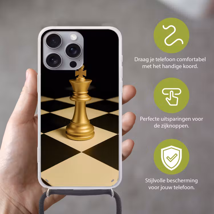 Schaakstuk - Koning - Schaakbord - Geblokt Hoesje iPhone 16 Pro Max met koord klein -sfeer2_NL