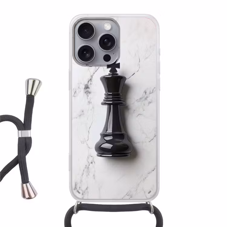 Schaakstuk - Koning - Zwart - Marmer Hoesje iPhone 16 Pro Max met koord klein -3d