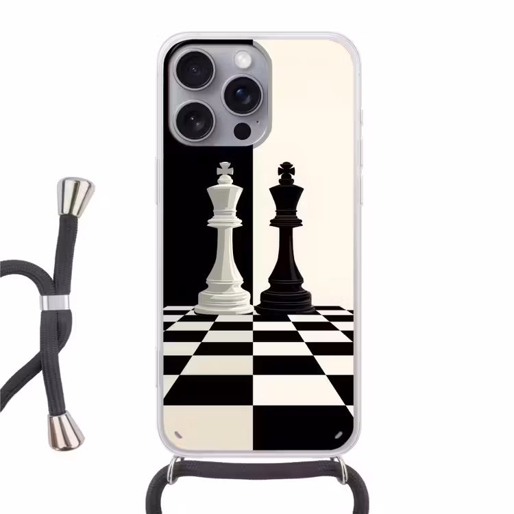 Schaakstukken - Koning - Geblokt - Zwart Hoesje iPhone 16 Pro Max met koord klein -3d