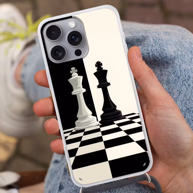 Schaakstukken - Koning - Geblokt - Zwart Hoesje iPhone 16 Pro Max met koord klein -sfeer3