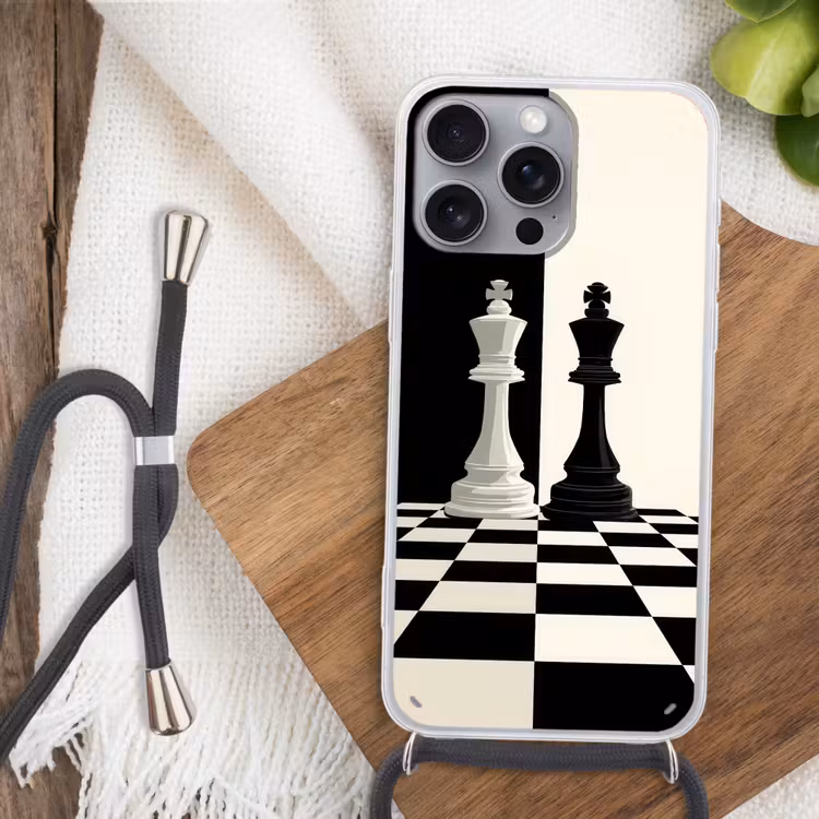 Schaakstukken - Koning - Geblokt - Zwart Hoesje iPhone 16 Pro Max met koord klein -sfeer4