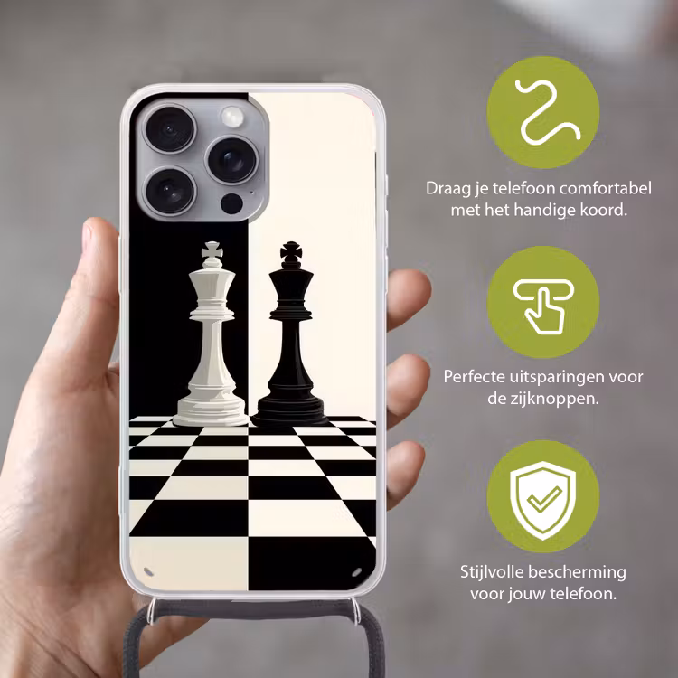 Schaakstukken - Koning - Geblokt - Zwart Hoesje iPhone 16 Pro Max met koord klein -sfeer2_NL