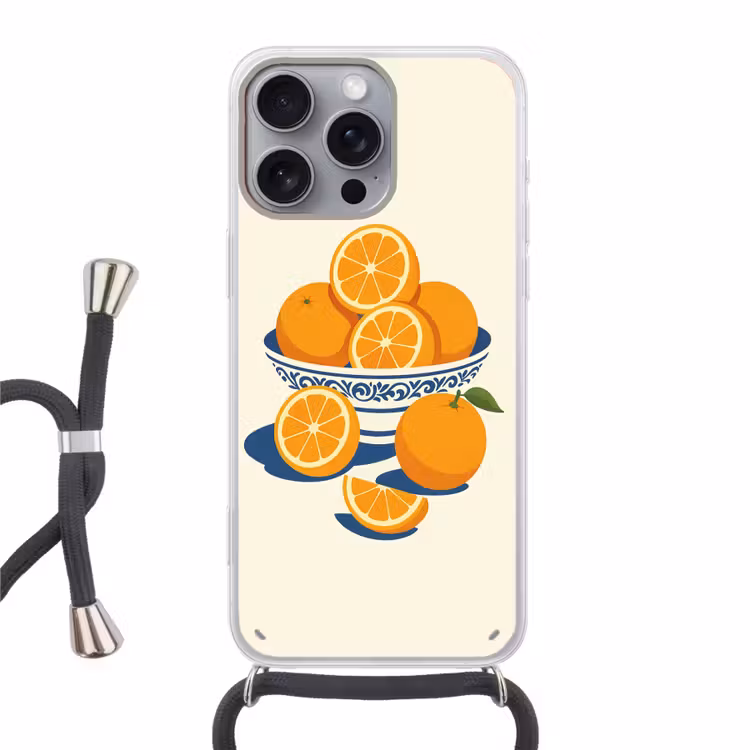 Schaal - Minimalistisch - Oranje - Sinaasappels Hoesje iPhone 16 Pro Max met koord klein -3d