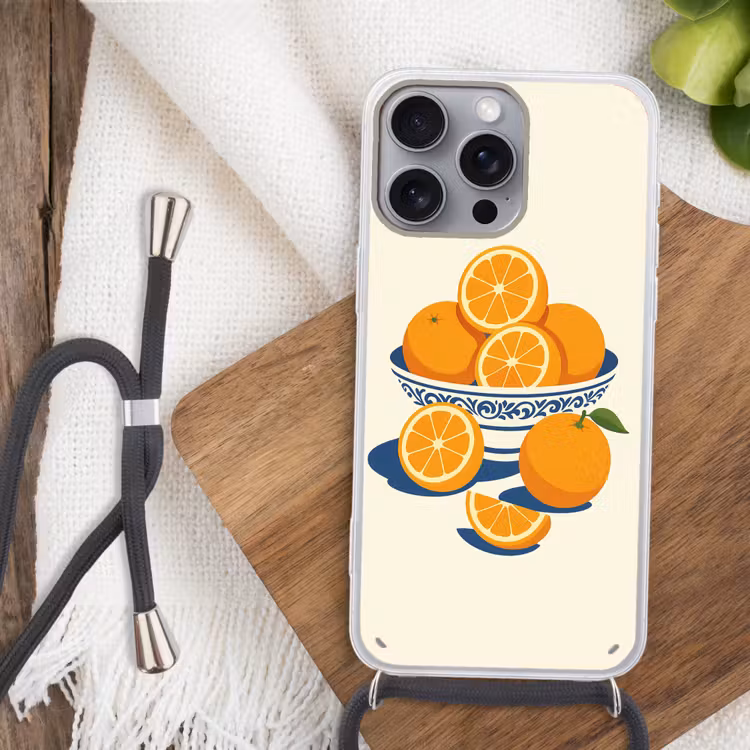 Schaal - Minimalistisch - Oranje - Sinaasappels Hoesje iPhone 16 Pro Max met koord klein -sfeer4