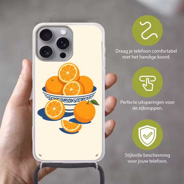 Schaal - Minimalistisch - Oranje - Sinaasappels Hoesje iPhone 16 Pro Max met koord klein -sfeer2_NL