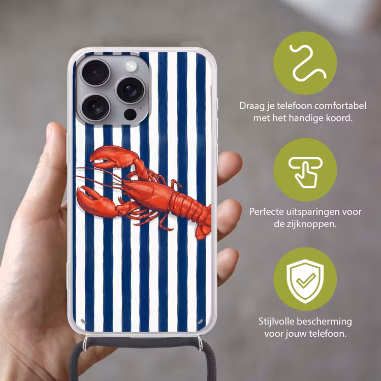 Schaaldier - Kreeft - Marine - Illustratie - Rood Hoesje iPhone 16 Pro Max met koord klein -sfeer2_NL
