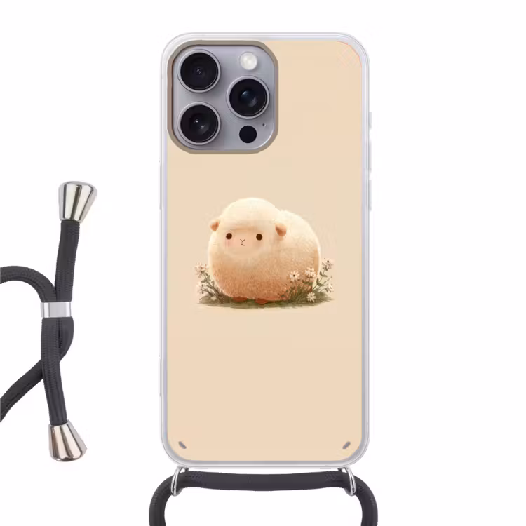Schaap - Beige - Bloemen Hoesje iPhone 16 Pro Max met koord klein -3d