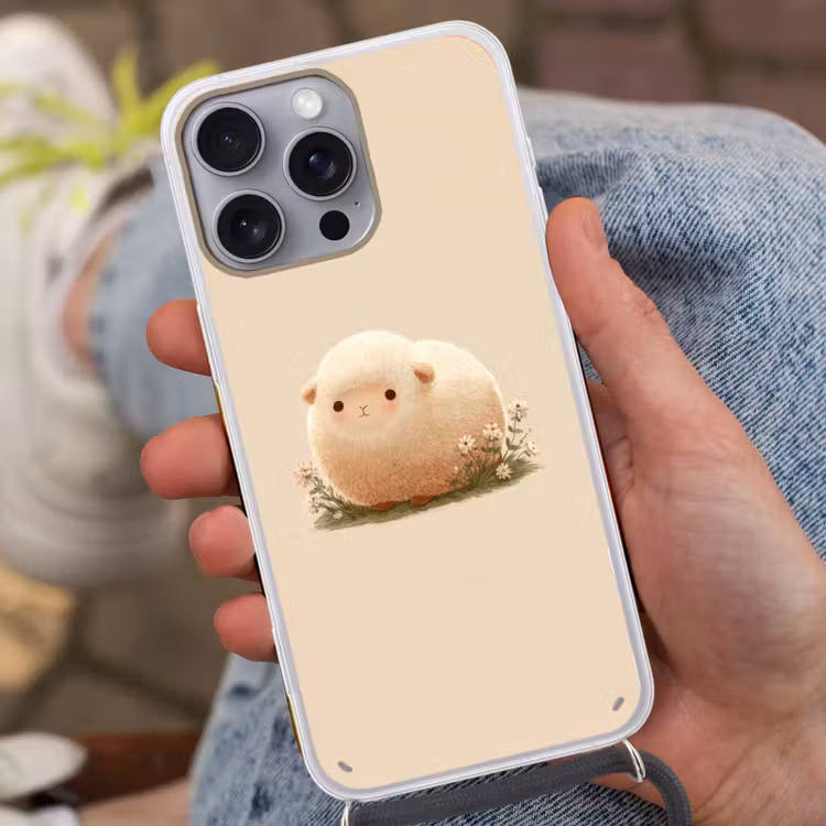 Schaap - Beige - Bloemen Hoesje iPhone 16 Pro Max met koord klein -sfeer3