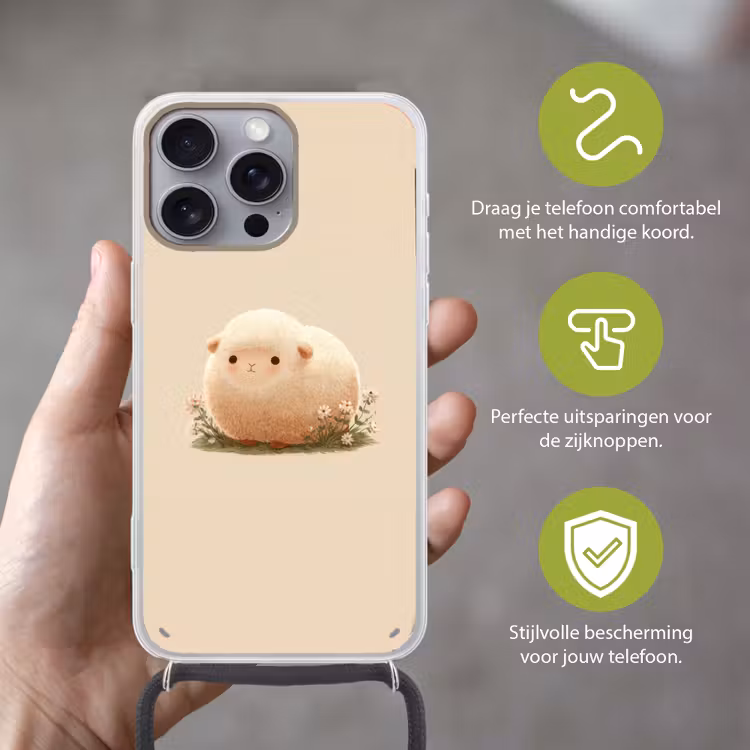 Schaap - Beige - Bloemen Hoesje iPhone 16 Pro Max met koord klein -sfeer2_NL