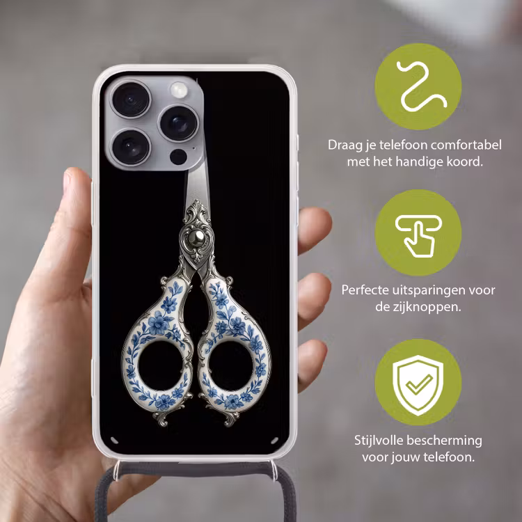 Schaar - Delfts blauw - Zwart Hoesje iPhone 16 Pro Max met koord klein -sfeer2_NL