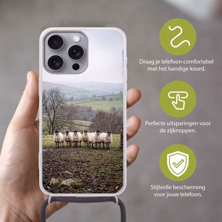 Schapen - Rij - Weide - Dieren - Platteland Hoesje iPhone 16 Pro Max met koord klein -sfeer2_NL