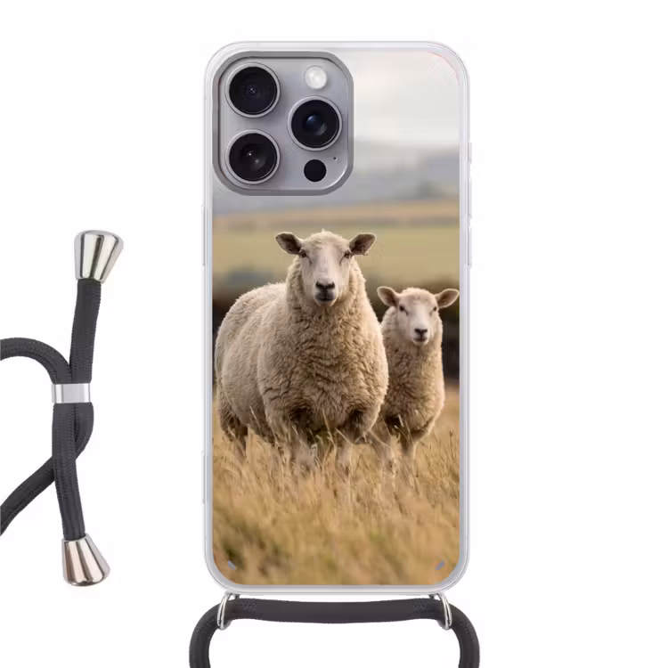Schapen - Weidenlandschap - Heuvels Hoesje iPhone 16 Pro Max met koord klein -3d