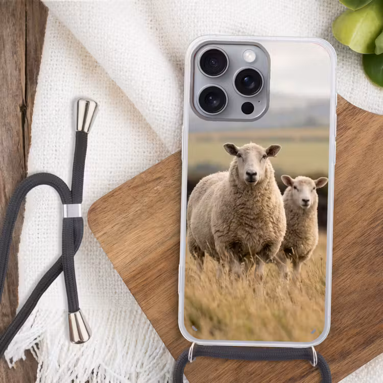 Schapen - Weidenlandschap - Heuvels Hoesje iPhone 16 Pro Max met koord klein -sfeer4