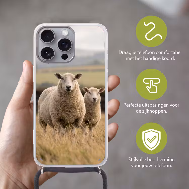 Schapen - Weidenlandschap - Heuvels Hoesje iPhone 16 Pro Max met koord klein -sfeer2_NL