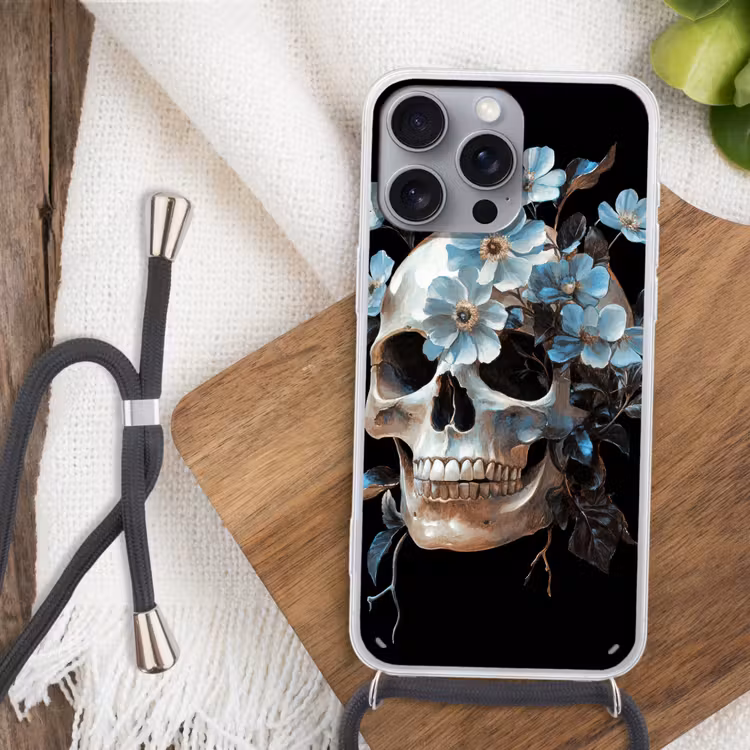 Schedel - Blauw - Bloemen - Bladeren Hoesje iPhone 16 Pro Max met koord klein -sfeer4