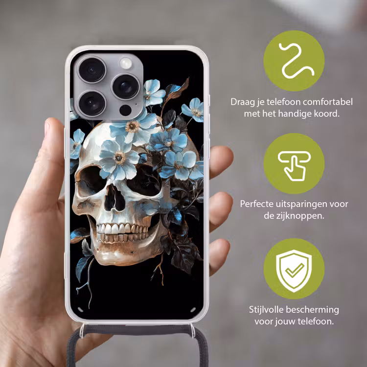 Schedel - Blauw - Bloemen - Bladeren Hoesje iPhone 16 Pro Max met koord klein -sfeer2_NL