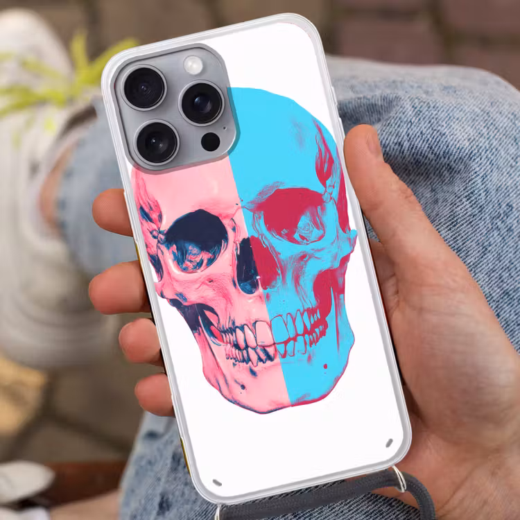 Schedel - Grafisch - Roze - Verdeeld Hoesje iPhone 16 Pro Max met koord klein -sfeer3