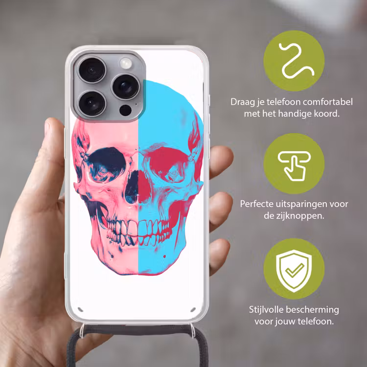 Schedel - Grafisch - Roze - Verdeeld Hoesje iPhone 16 Pro Max met koord klein -sfeer2_NL