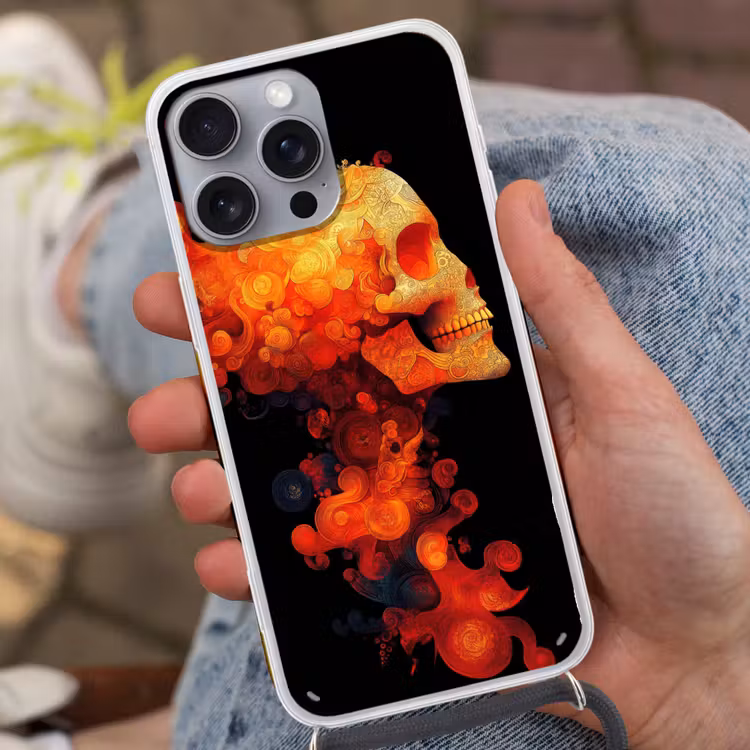 Schedel - Oranje - Zijaanzicht - Vlammen Hoesje iPhone 16 Pro Max met koord klein -sfeer3
