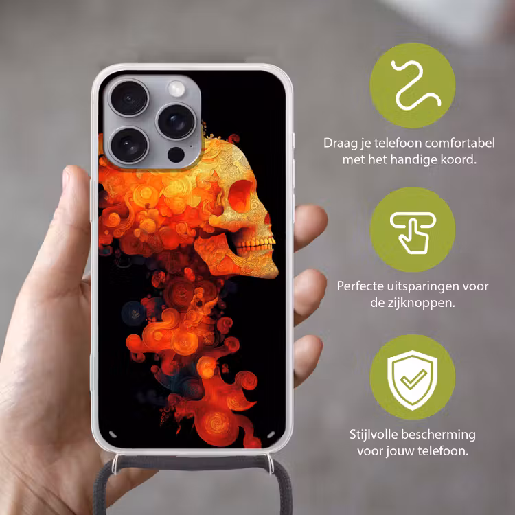 Schedel - Oranje - Zijaanzicht - Vlammen Hoesje iPhone 16 Pro Max met koord klein -sfeer2_NL