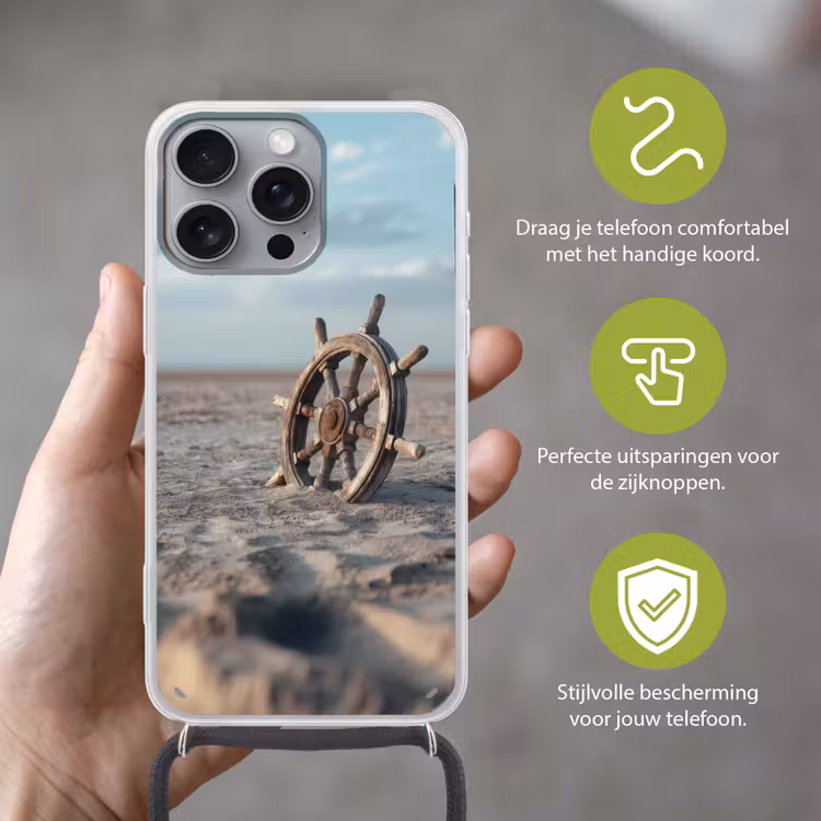 Scheepsstuur - Hout - Bruin - Zand Hoesje iPhone 16 Pro Max met koord klein -sfeer2_NL