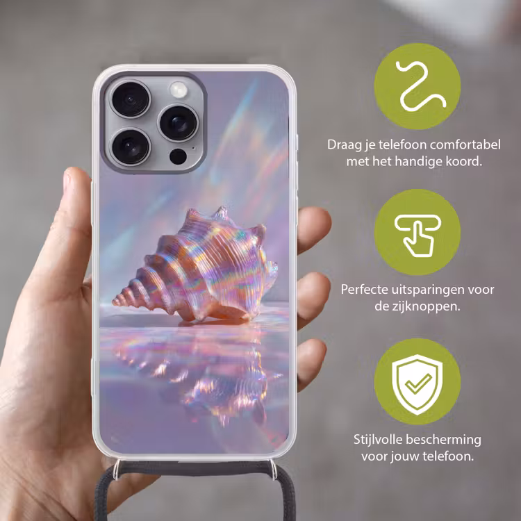 Schelp - Glanzend - Regenboogtinten Hoesje iPhone 16 Pro Max met koord klein -sfeer2_NL