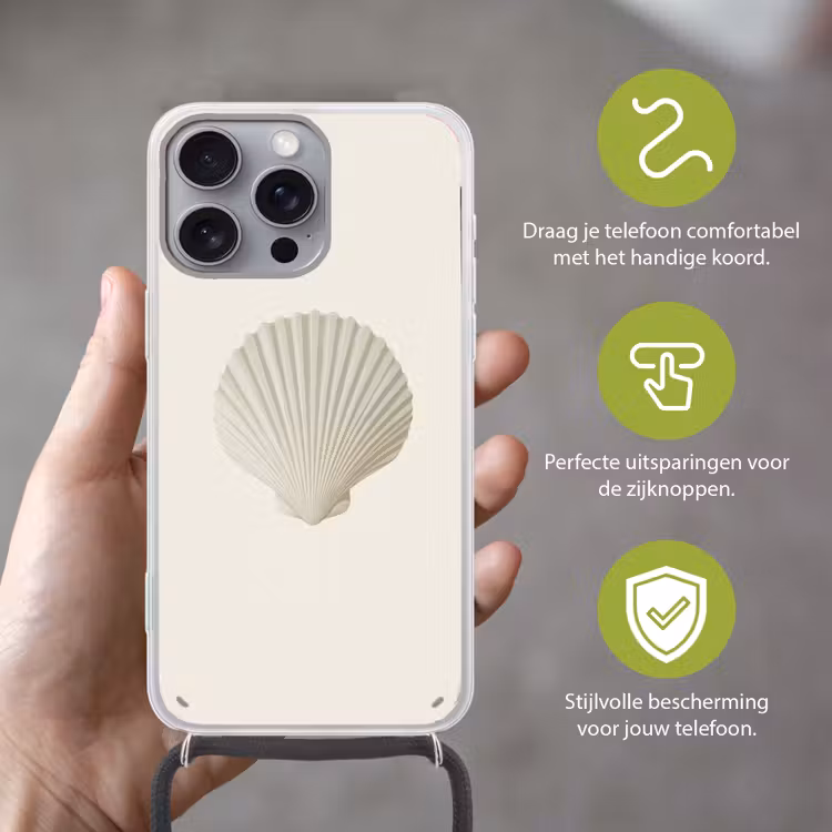 Schelp - Minimalistisch - Wit Hoesje iPhone 16 Pro Max met koord klein -sfeer2_NL