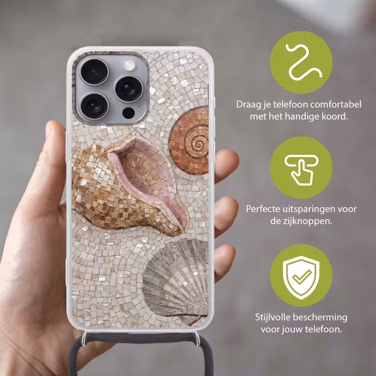 Schelp - Mozaïek - Zee - Beige - Modern Hoesje iPhone 16 Pro Max met koord klein -sfeer2_NL