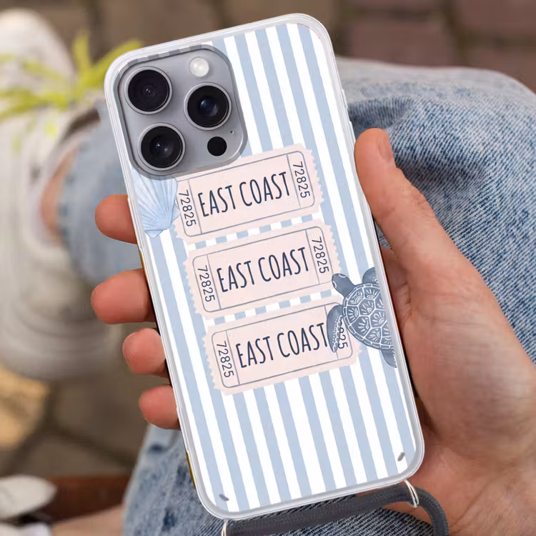 Schelp - Oceaan - Kust - Blauw - Illustratie Hoesje iPhone 16 Pro Max met koord klein -sfeer3