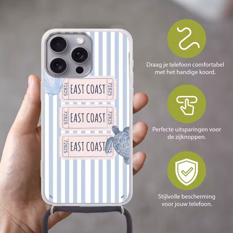 Schelp - Oceaan - Kust - Blauw - Illustratie Hoesje iPhone 16 Pro Max met koord klein -sfeer2_NL