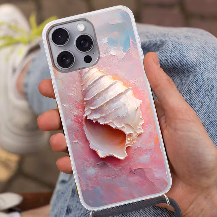 Schelp - Pastel - Pink Hoesje iPhone 16 Pro Max met koord klein -sfeer3