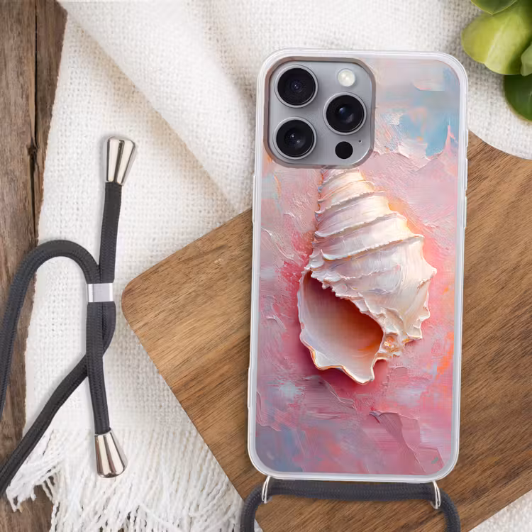Schelp - Pastel - Pink Hoesje iPhone 16 Pro Max met koord klein -sfeer4