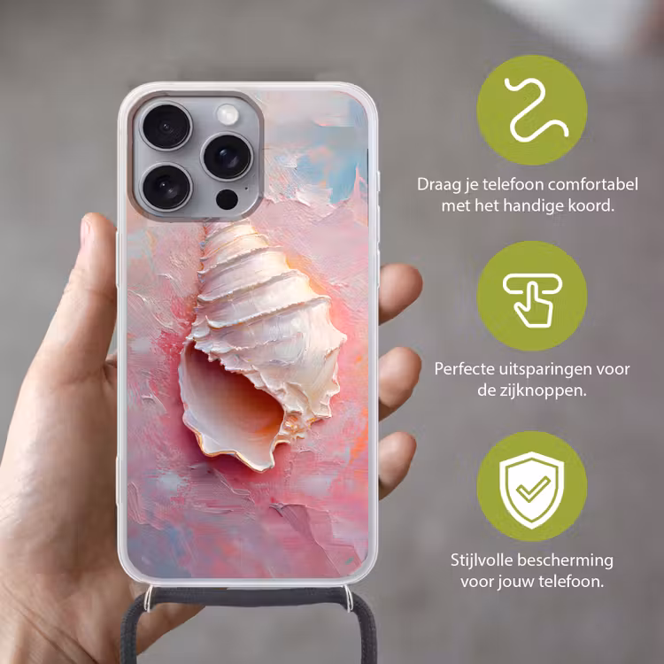 Schelp - Pastel - Pink Hoesje iPhone 16 Pro Max met koord klein -sfeer2_NL