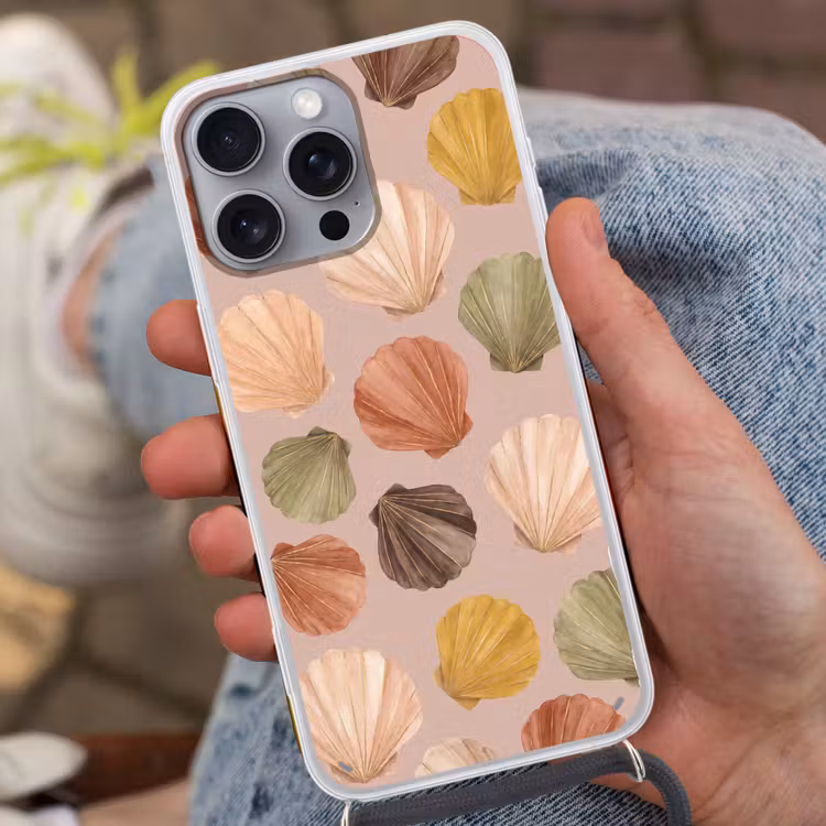Schelp - Patroon - Zee - Aquarel - Aardetinten Hoesje iPhone 16 Pro Max met koord klein -sfeer3