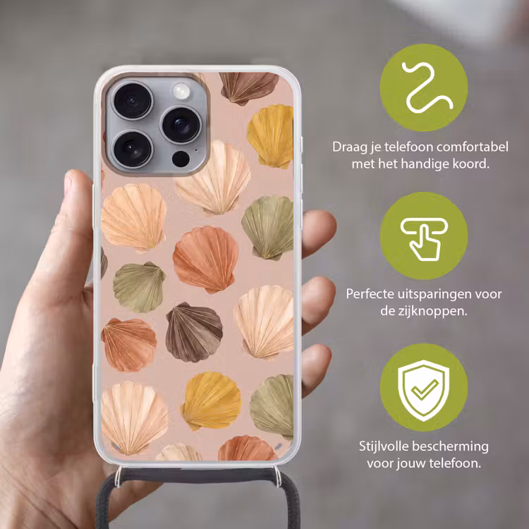 Schelp - Patroon - Zee - Aquarel - Aardetinten Hoesje iPhone 16 Pro Max met koord klein -sfeer2_NL