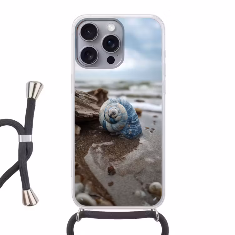 Schelp - Strand - Blauw - Zee Hoesje iPhone 16 Pro Max met koord klein -3d