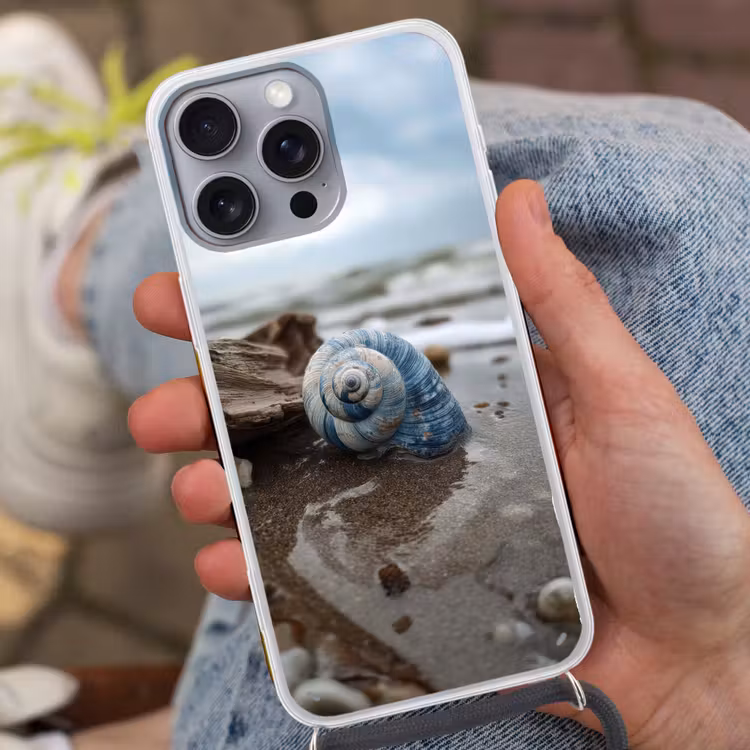 Schelp - Strand - Blauw - Zee Hoesje iPhone 16 Pro Max met koord klein -sfeer3