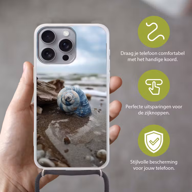 Schelp - Strand - Blauw - Zee Hoesje iPhone 16 Pro Max met koord klein -sfeer2_NL