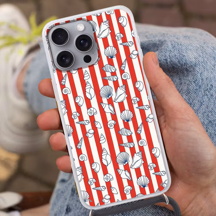 Schelp - Zeedieren - Zomer - Illustratie - Rood - Blauw Hoesje iPhone 16 Pro Max met koord klein -sfeer3